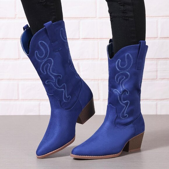 Women Navy-blue Suede Mid Calf Chunky Block Heel Western Embroidered Boot - Picture 7 of 7